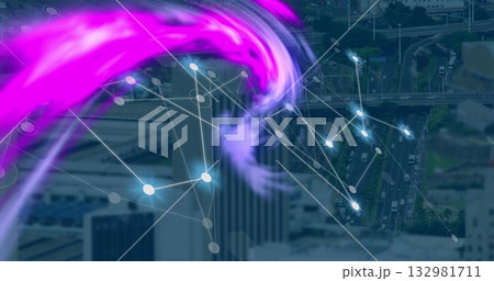 Swirling digital network and magenta energy wave over aerial highways, with glowing nodes and lines 132981711