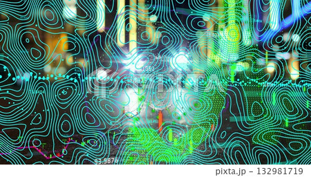 Overlaying neon contour map over nighttime financial hub, with blurred lights and green market data Overlaying neon contour map over nighttime financial hub, with blurred lights and green market data 132981719