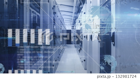 Highlighting server room corridor extending between racks and cable trays, charts and map overlays Highlighting server room corridor extending between racks and cable trays, charts and map overlays 132981724