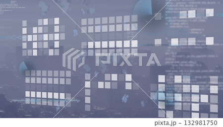 Displaying cluster of translucent grid panels overlaying blurred dusk skyline, with code and charts 132981750