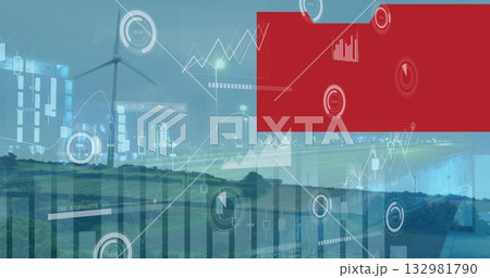 Displaying wind turbine overlaying dashboards at wind farm, with charts, HUD readouts, red UI panel 132981790
