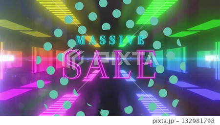 Neon MASSIVE SALE text glowing in futuristic display with confetti dots and multicolored light bars 132981798
