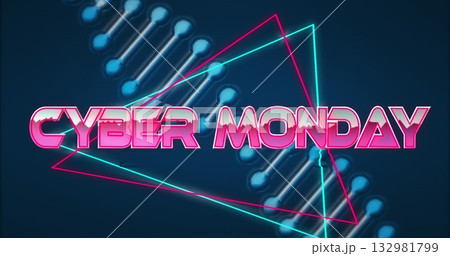 CYBER MONDAY text glowing on digital poster, with pink and teal triangles and blue circuit nodes 132981799