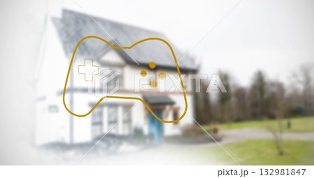 Showing stylized gold game controller outline covering house with lawn, curved walkway and trees 132981847