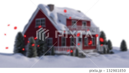Standing red two-story house in snow with pines in rural winter, with red glowing particles 132981850