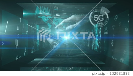 Hands holding tablet projecting holographic 5G icon, world map, bar charts and data in tunnel 132981852