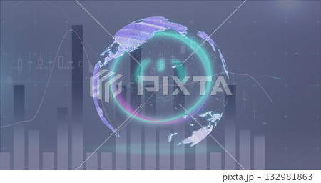 Floating stylized holographic globe displaying data in dashboard, with neon rings and data charts Floating stylized holographic globe displaying data in dashboard, with neon rings and data charts 132981863