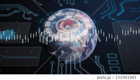 Displaying 3D Earth rippling rings on grid interface, with waveform, circuit traces, UI outlines Displaying 3D Earth rippling rings on grid interface, with waveform, circuit traces, UI outlines 132981865