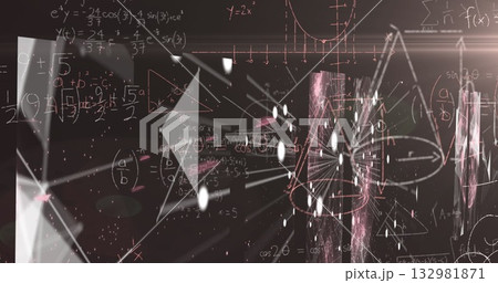 Floating equations and wireframe shapes swirling in grid, with light particles, marker strokes 132981871