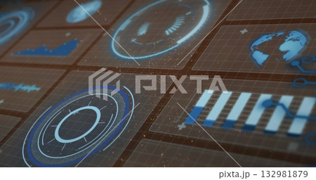 Holographic panel displaying data in control room with circular gauges and globe icon, particles 132981879