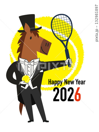 燕尾服とシルクハットのオシャレな馬がテニスをしているところを描いた2026年午年年賀状用のベクターイ 132981897