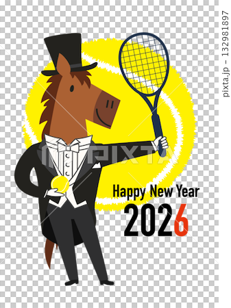 燕尾服とシルクハットのオシャレな馬がテニスをしているところを描いた2026年午年年賀状用のベクターイ 132981897