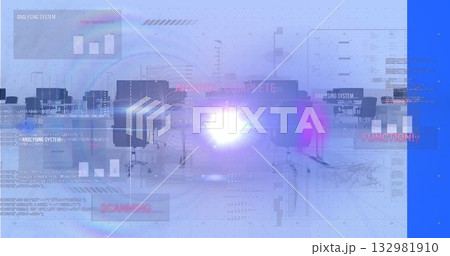 Emitting purple lens flare effect scanning futuristic office, with swivel chairs and UI overlays 132981910