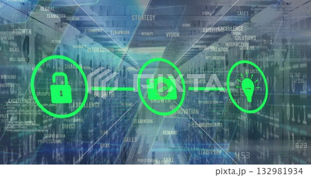 Displaying green camera icon over server room corridor with server racks floating buzzwords Displaying green camera icon over server room corridor with server racks floating buzzwords 132981934