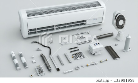 Exploring the components of an air conditioning unit laid out on a clean surface for detailed analysis 132981959