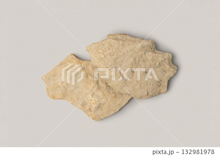 Stone Podium for promotion on gray Background. Natural rock pedestal. Beauty product mockup. Scene to show products. Showcase, display case. Top View soft shadow Flat lay. Trendy neutral color. Space 132981978