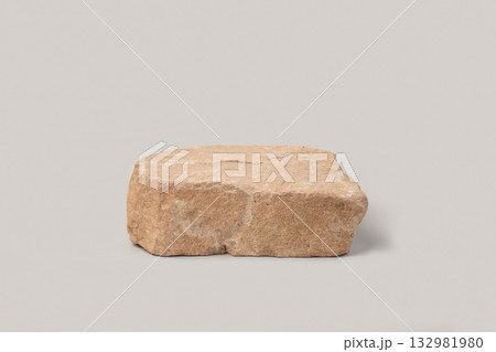 Stone podium for show cosmetics product presentation. Abstract minimal backdrop. One rock form. Gray Nude Studio Background. Scene. Showcase display case. 3D Front View. Trendy neutral color. Space 132981980