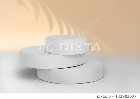 Podium for Cosmetics, Soap, Items Presentation. Abstract Minimal Geometric Sphere. Cylinder Three Forms, Soft Shadow. Scene to Show Product, Object. Showcase Display Case. Palm Leaf, Nude Tones Stand 132982037