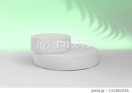 Podium for Cosmetics, Soap, Items Presentation. Abstract Minimal Geometric Sphere. Cylinder Two Forms Soft Shadow. Scene to Show Product, Object. Showcase Display Case. Palm Leaf, Green Color Ad Stand 132982038