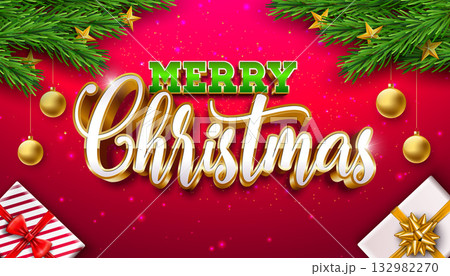 Merry Christmas and Happy New Year Greeting Card Banner with Fir Branch and 3d Typography Lettering on Red Background. Vector Xmas Holiday Season Design with Decoration Elements for Party Flyer Merry Christmas and Happy New Year Greeting Card Banner with Fir Branch and 3d Typography Lettering on Red Background. Vector Xmas Holiday Season Design with Decoration Elements for Party Flyer 132982270