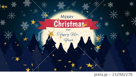 Displaying ribbon banner showing Merry Christmas and Happy New Year in night pine forest, with moon Displaying ribbon banner showing Merry Christmas and Happy New Year in night pine forest, with moon 132982276