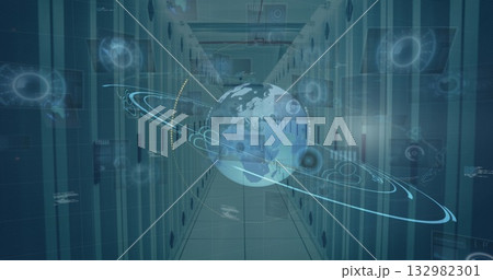 Showing holographic Earth with orbiting rings and network nodes in data center aisle, with racks Showing holographic Earth with orbiting rings and network nodes in data center aisle, with racks 132982301
