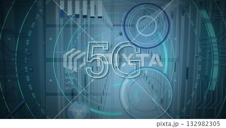 Displaying 5G symbol amid HUD circles hovering in data center corridor, network switches, cabling Displaying 5G symbol amid HUD circles hovering in data center corridor, network switches, cabling 132982305