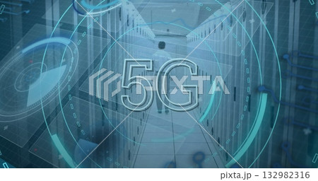 Network technician monitoring server racks and cables in data center corridor, with 5G graphics Network technician monitoring server racks and cables in data center corridor, with 5G graphics 132982316