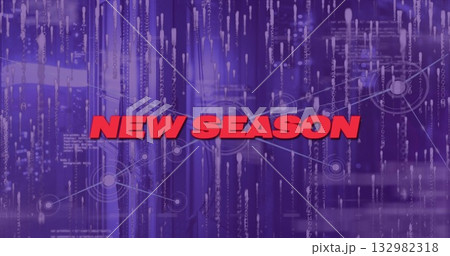 Glowing red 'NEW SEASON' text anchoring cyber backdrop, with translucent nodes, lines, code streams Glowing red 'NEW SEASON' text anchoring cyber backdrop, with translucent nodes, lines, code streams 132982318