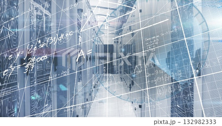 Illuminating data center rack corridor under LED strip lighting, showing cables and cabinet doors 132982333