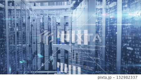 Pulsing server rack rows displaying digital analytics overlays in data center, with status LEDs 132982337