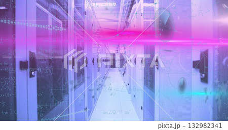 Displaying central data center aisle featuring server racks and neon beams, with floating formulas 132982341