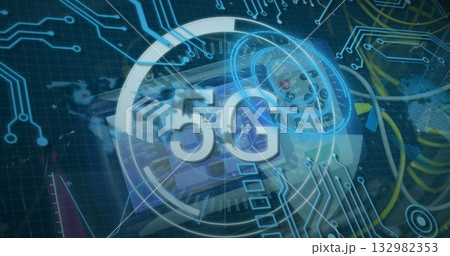 Hovering semi-transparent 5G logo above digital interface environment, with concentric HUD rings Hovering semi-transparent 5G logo above digital interface environment, with concentric HUD rings 132982353