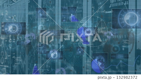 Displaying holographic interface showing code flow, network nodes over server racks at data center Displaying holographic interface showing code flow, network nodes over server racks at data center 132982372