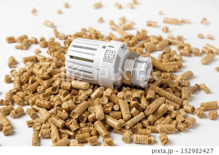 Wooden Pellets with Thermostat. Thermostatic Valve Head Isolated on White Background. Renewable Source of Heating. Biofuel. Ecologic Fuel made from Biomass. The Alternative Energy Source. Gas Crisis. Wooden Pellets with Thermostat. Thermostatic Valve Head Isolated on White Background. Renewable Source of Heating. Biofuel. Ecologic Fuel made from Biomass. The Alternative Energy Source. Gas Crisis. 132982427