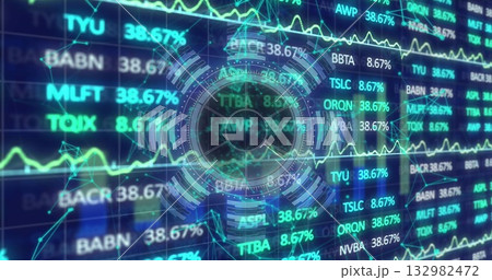 Showing circular holographic HUD glowing on trading dashboard, displaying ticker symbols and graphs 132982472
