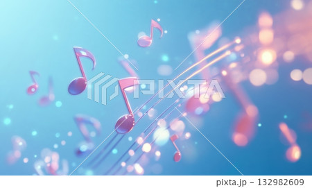 Colorful musical notes floating against a soft blue background with a dreamy atmosphere and a touch of light 132982609