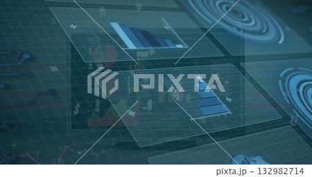 Floating translucent 3D data panels hovering above grid floor, with bar charts and HUD rings 132982714