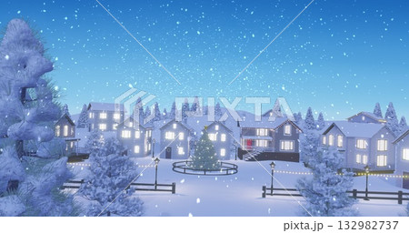 Glowing lampposts illuminating decorated tree inside wooden fence at village square with pine trees 132982737