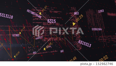 Visualizing abstract cluster projecting in digital grid, with code snippets red nodes yellow arrows 132982746