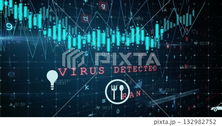 Flashing neon-red warning showing virus detected on digital dashboard, with candlestick, line graph 132982752