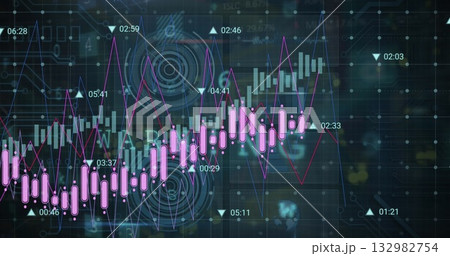 Displaying pink candlestick bars moving on grid panel with purple trend lines, triangular markers 132982754