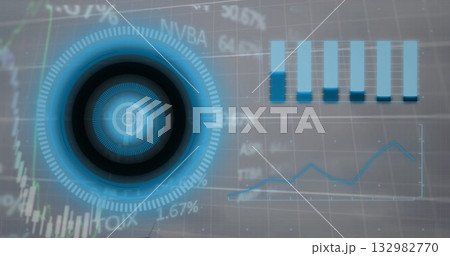 Showing circular HUD overlaying dashboard grid with bar chart line graph percent labels copy space 132982770