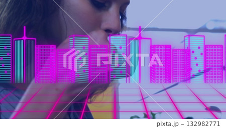 woman in casual top biting sandwich in dining area, with plant, neon grid cityscape, copy space 132982771