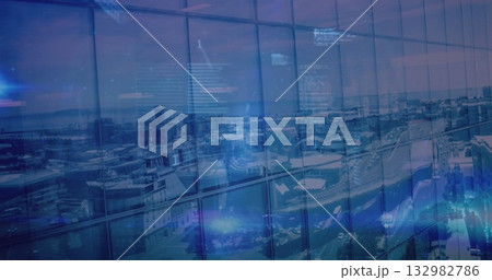 Displaying skyscraper glass facade reflecting downtown cityscape, with floating code and waveforms Displaying skyscraper glass facade reflecting downtown cityscape, with floating code and waveforms 132982786