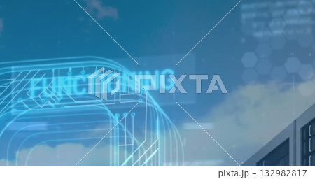 Overlaying digital circuit schematic with hexagonal pattern mesh on building facade, copy space Overlaying digital circuit schematic with hexagonal pattern mesh on building facade, copy space 132982817