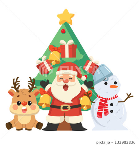 Cartoon Christmas Tree with Santa and Friends 132982836