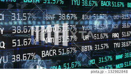 Glowing HUD panels shimmering in futuristic dashboard, with floating stock tickers and grid lines 132982848