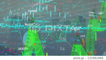 Displaying financial data over trading floor, with multicolor candlesticks, graphs and data points 132982866