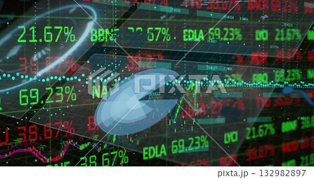 Displaying market data overlay at trading dashboard with ticker symbols, percentages and charts Displaying market data overlay at trading dashboard with ticker symbols, percentages and charts 132982897
